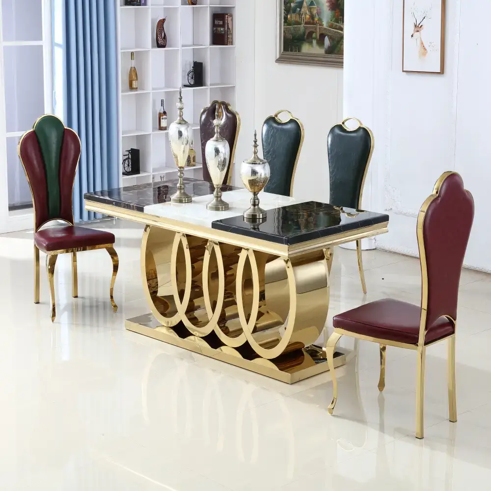 Dining Set Cushioned Chairs and Golden Frame Dining Table