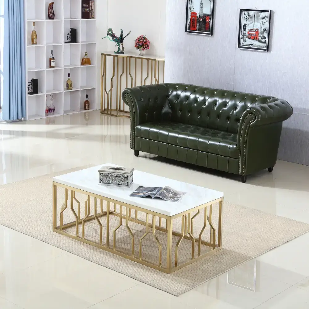 White Marble Rectangular Coffee Table with Gold Metal Frame