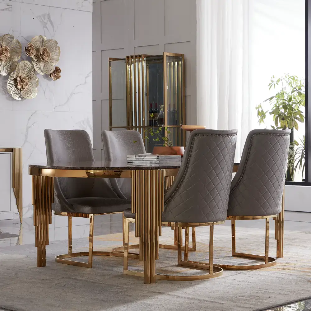   	 Round Tempered Dining Set and Golden Frame Marble Dining Table