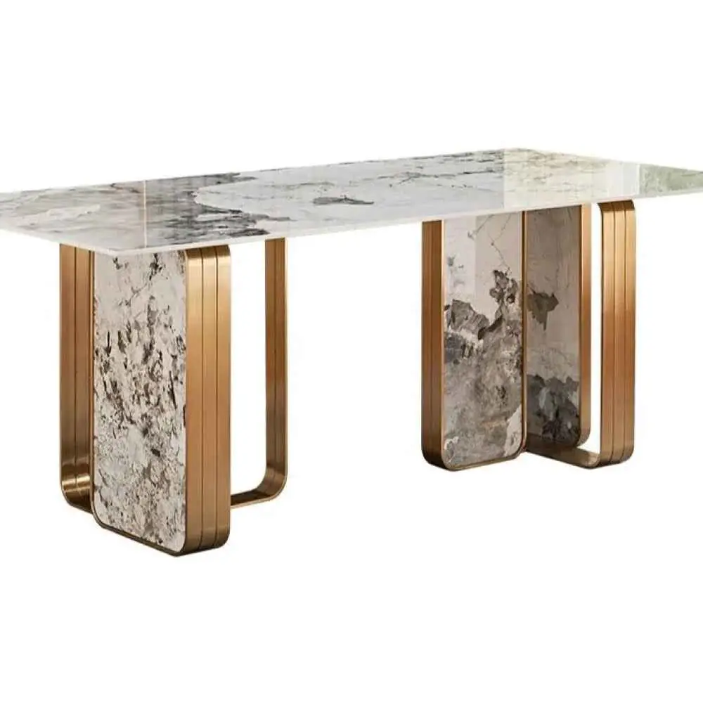 Rectangle Stainless Steel and Marble Dining Table