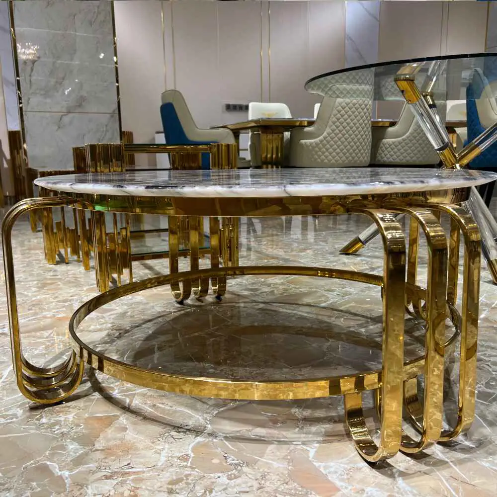 Round Coffee Table With Gold Stainless Steel Frame