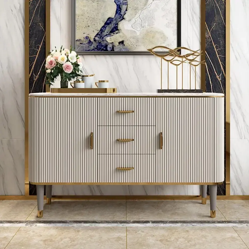 Decor Modern Beige Faux Marble and MDF 2-Door Sideboard Cabinet with Metal Handles Engineered