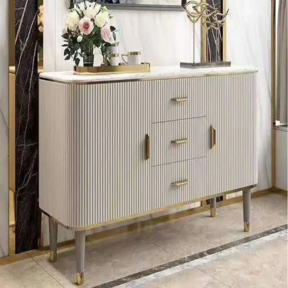 Decor Modern Beige Faux Marble and MDF 2-Door Sideboard Cabinet with Metal Handles Engineered