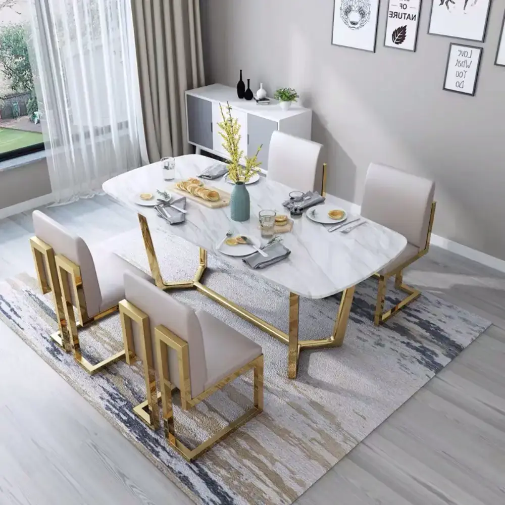 Dining Set Cushioned Chairs and Marble Dining Table