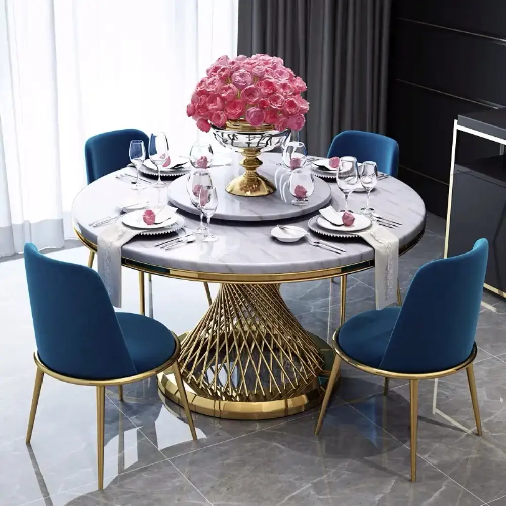Round Tempered Dining Set and Golden Frame Marble Dining Table
