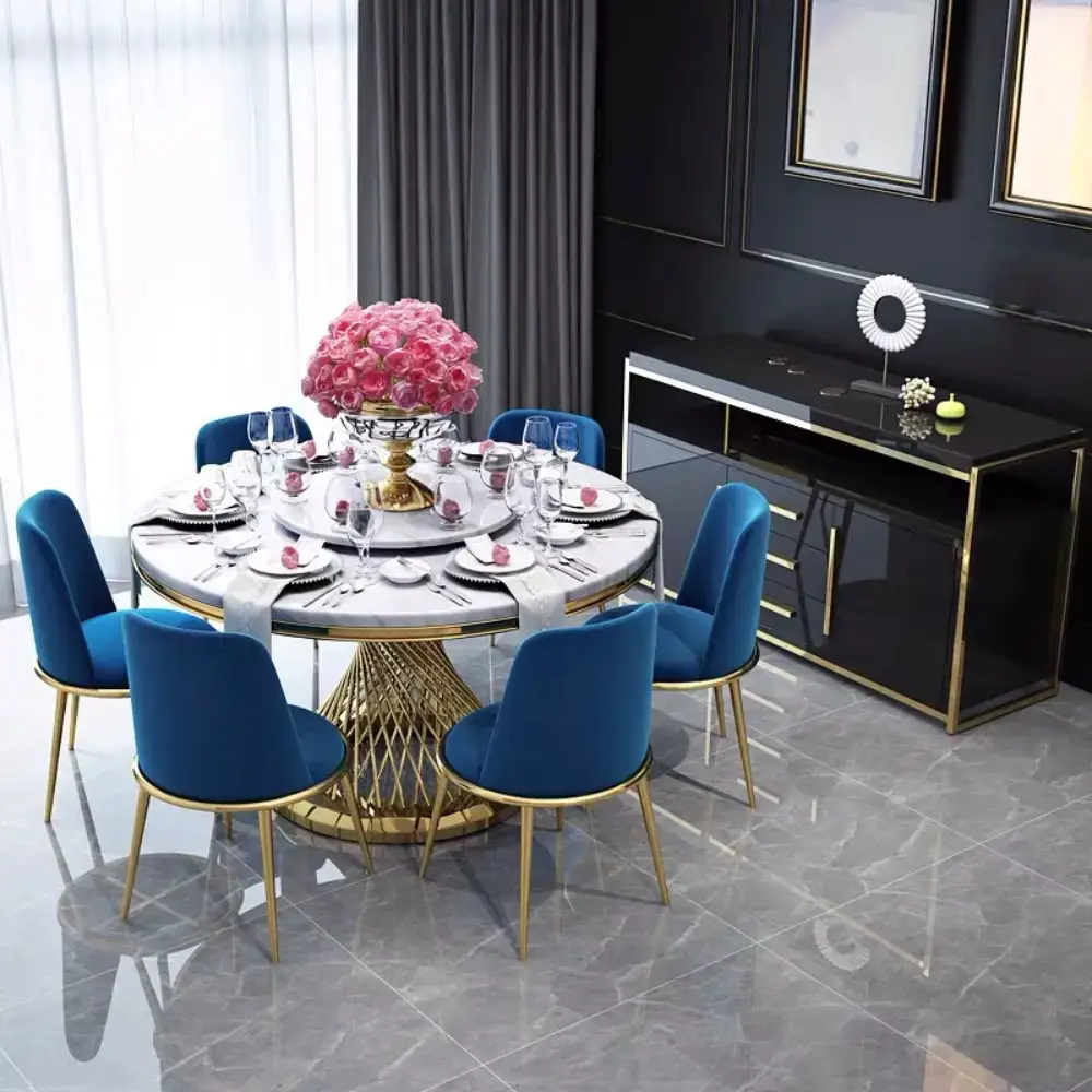 Round Tempered Dining Set and Golden Frame Marble Dining Table