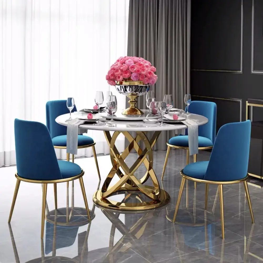  Round Tempered Dining Set and Golden Frame Marble Dining Table