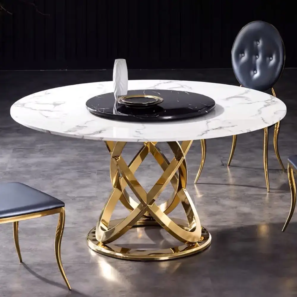 Round Tempered Dining Set and Golden Frame Marble Dining Table